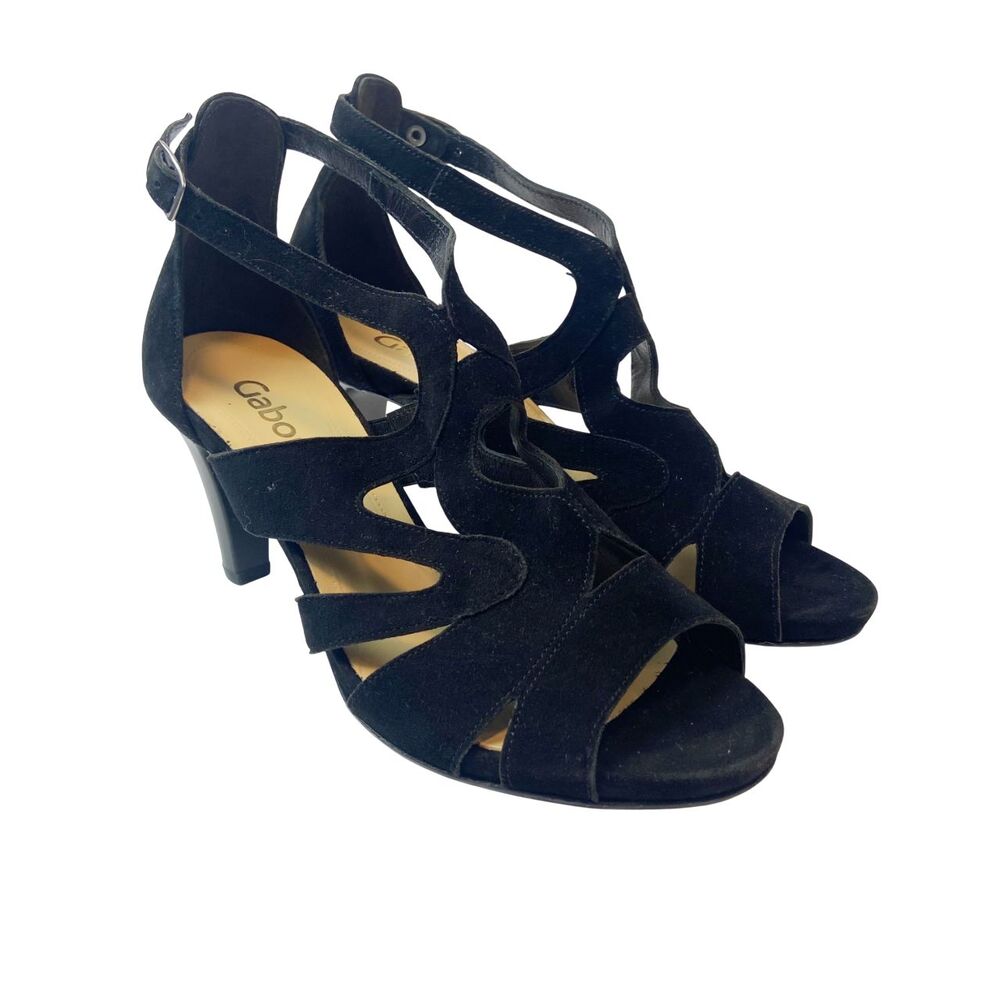 Gabor Fantastica Black Suede Heels Women's Sz 7 Strappy Peep Toe Evening Dressy